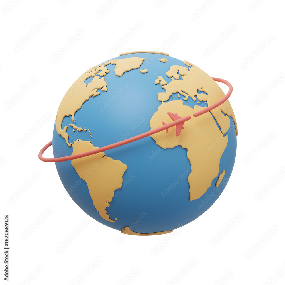 Naklejka premium Globe with airplane and orbit 3d style, isolated on transparent background