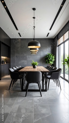 Modern dining room with large table and pendant lights
