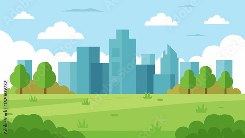 City Park Vector Grassy Field with Urban Buildings 