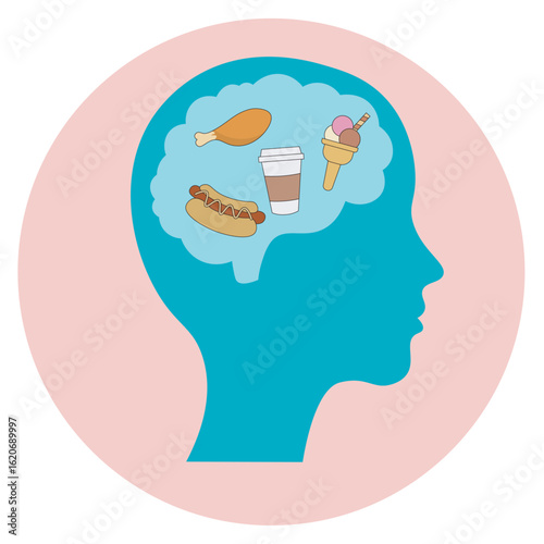 Flat vector illustration depicting binge eating disorder with key symptoms like overeating, guilt, and distress, alongside related conditions such as bulimia and obesity. brain icon 