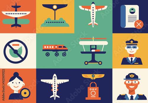 Flat Design Illustration Set Civil Aviation Airport Elements