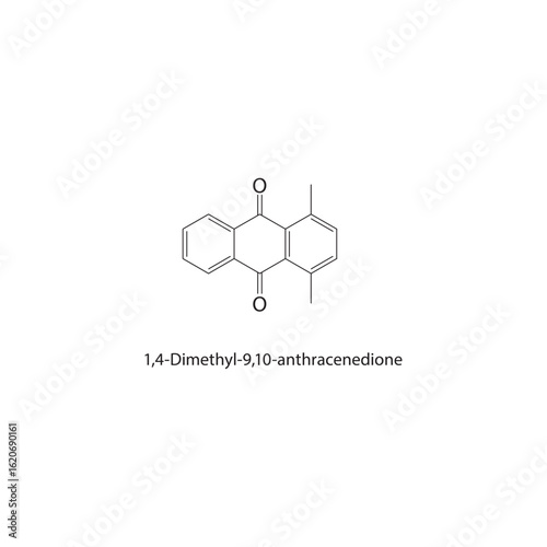 1,4-Dimethyl-9,10-anthracenedione skeletal structure. Anthraquinone compound schematic illustration. Simple diagram, chemical formula.