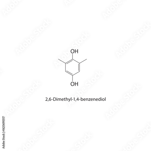 2,6-Dimethyl-1,4-benzenediol skeletal structure. Benzenediol compound schematic illustration. Simple diagram, chemical formula.