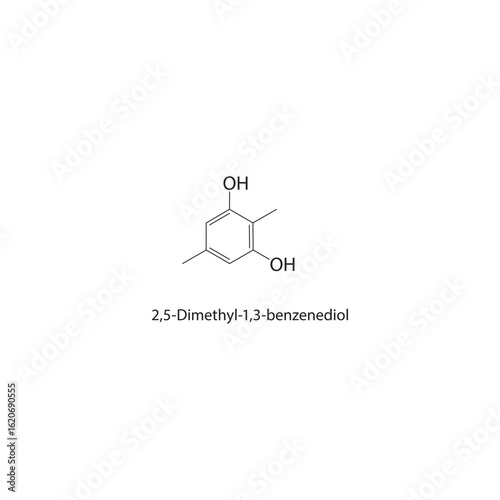 2,5-Dimethyl-1,3-benzenediol skeletal structure. Benzenediol compound schematic illustration. Simple diagram, chemical formula.