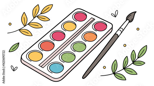 Watercolor paint palette with brush and leaves isolated on white background, perfect for art and creative projects, featuring a colorful spectrum of pigments and botanical elements