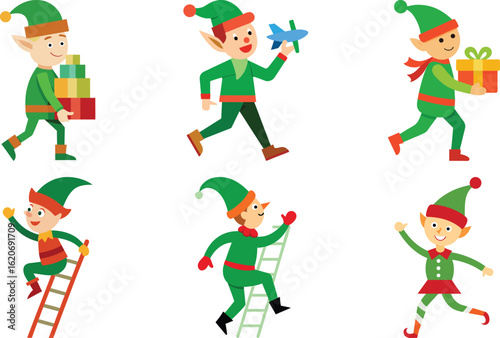 Vector art of collection of six playful christmas elves engaged in various activities like climbing ladders and carrying gifts, isolated on transparent background