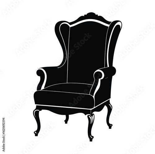 Classic black silhouette wingback armchair on white background