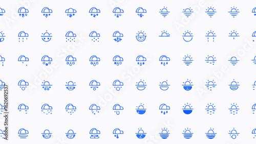 Vector  illustration showing an array of weather icons including sunrises and clouds with various precipitation types