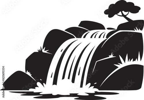 serene monochrome waterfall illustration with rock formations and tree accents in ai eps jpeg png formats