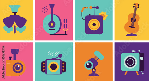 Flat Design Illustration Set of Abstract Creative Art and Music Objects