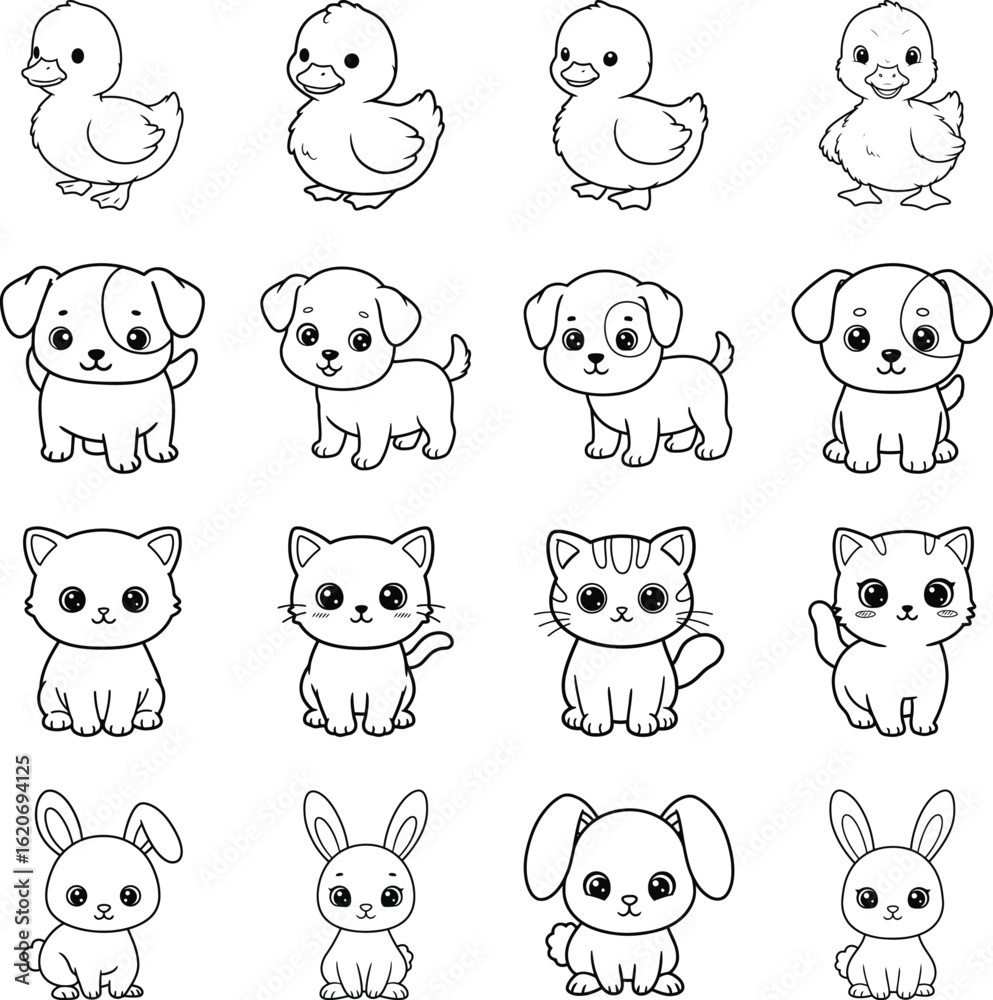 Fototapeta premium Charming Pet and Baby Bird Outlines: Duck, Puppy, Kitten, Bunny