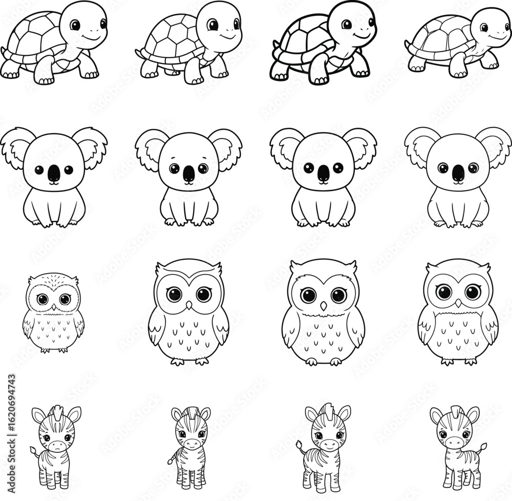 Fototapeta premium Charming Wildlife Outlines: Turtle, Koala, Owl, Zebra Illustrations