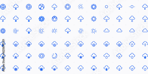 Vector  illustration of weather icons including sun, cloud, rain, snow, moon, and globe in a grid pattern design
