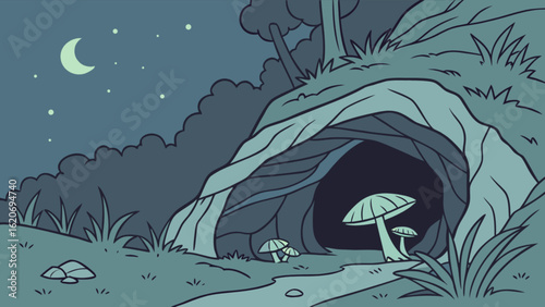 Night landscape with cave and moon, a fantasy nature scene with mushrooms and stars, perfect for outdoor and forest themes, a dark and mysterious illustration