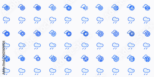 Vector  illustration of weather icons featuring clouds rain and sun in a repeating pattern across the entire frame