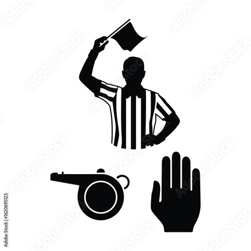Referee symbols silhouette set with flag, whistle, and timeout hand gestures vector isolated black and white