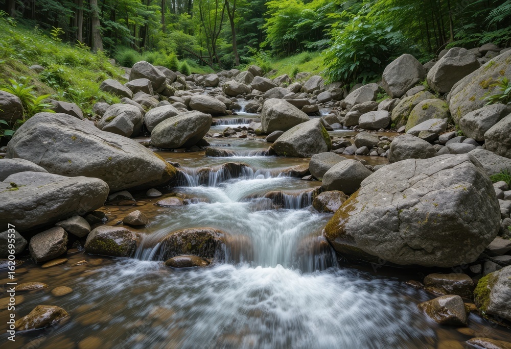 Close up Stream Flowing Over Rocks in Lush Green Landscape Close up Stream Flowing Over Rocks in Lush Green Landscape