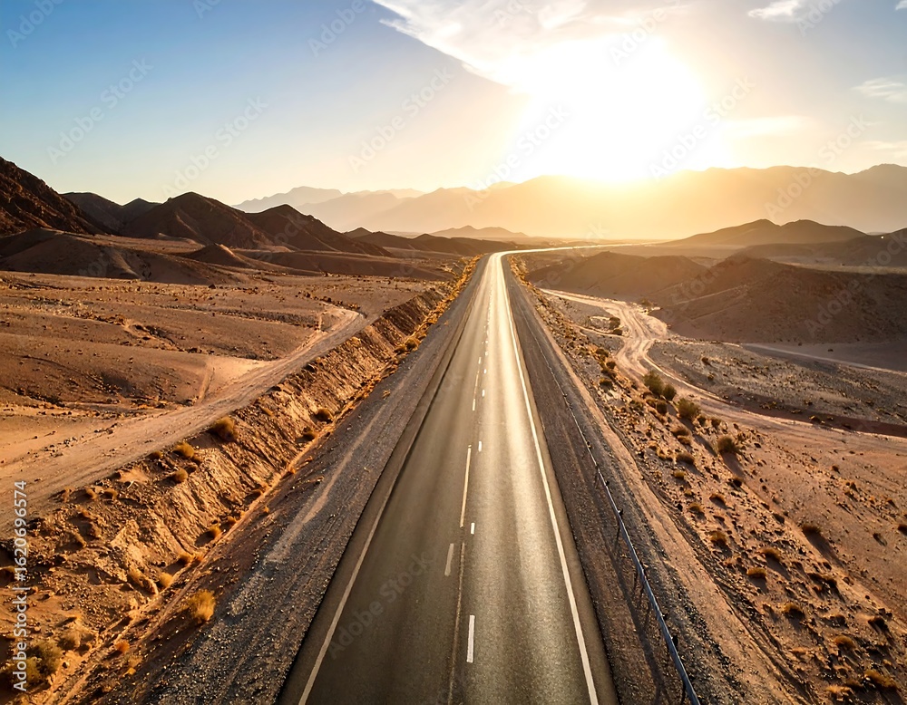 Naklejka premium High-angle view of a highway stretching through a desert landscape at sunset (2)