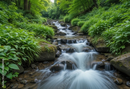 Close up Stream Flowing Over Rocks in Lush Green Landscape
