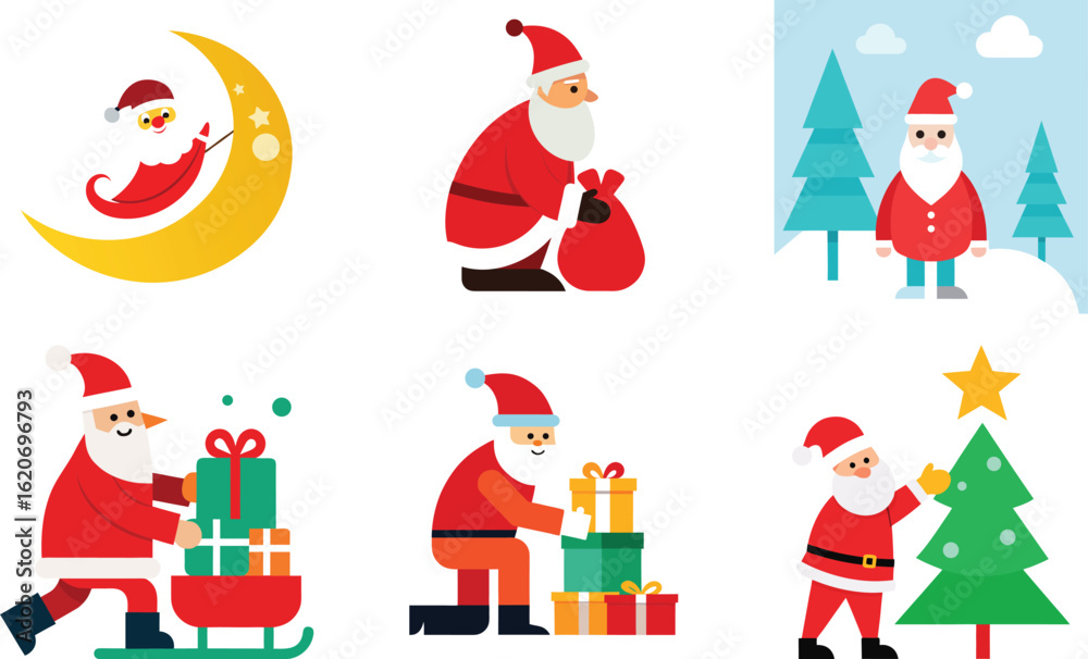 Vector art of set of santa claus illustrations showing him with gifts, a sleigh, decorating a christmas tree, and on the moon, isolated on transparent background Vector art of set of santa claus illustrations showing him with gifts, a sleigh, decorating a christmas tree, and on the moon, isolated on transparent background