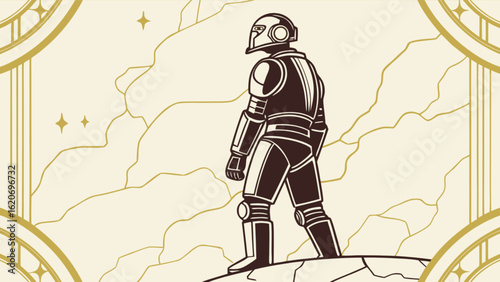Illustration of an astronaut standing on a rocky landscape, gazing at the stars, a retro scifi adventure, exploring the universe, isolated on white background