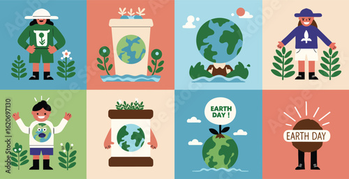 Flat Design Illustration Set Earth Day Nature Conservation People Green Planet
