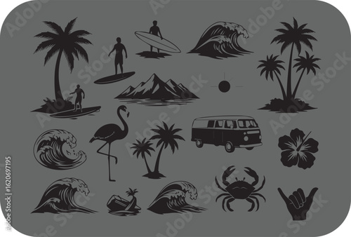 Tropical paradise silhouettes surfing flamingos palm trees and ocean waves for a beachy vibe