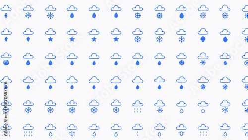Vector  collection of weather icons featuring clouds with rain snow and stars in a grid pattern on a white background
