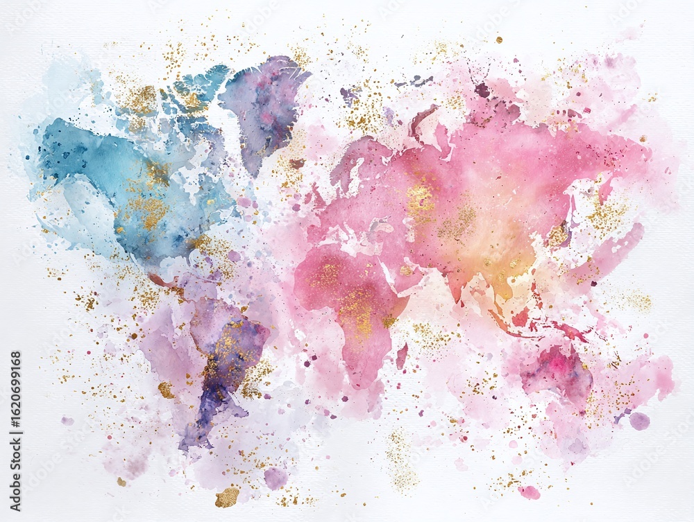 Fototapeta premium Abstract Watercolor World Map with Golden Splatters and Pastel Colors