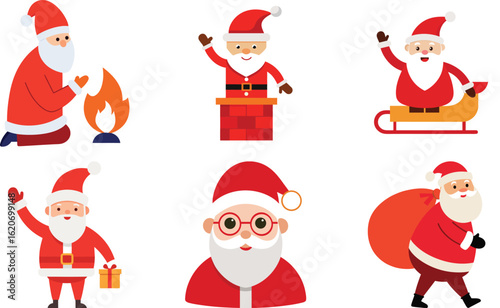 Vector art of set of cheerful santa claus illustrations in different festive actions, ideal for christmas greetings and winter holiday promotions, isolated on transparent background