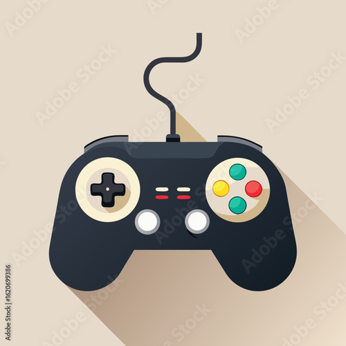 Retro video game controller with a classic design and long shadow