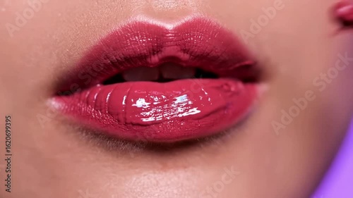 Close up of woman applying glossy pink liquid lipstick with applicator for perfect pout and vibrant lip, lips, lipstick, makeup, beauty, woman, applying, close up, liquid, glossy, pink, pout, sensual,