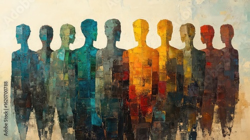 Abstract figures composed of shapes, lines, and fragmented forms to create non-literal representations of the human body in conceptual, symbolic, or modern abstract artistic compositions.