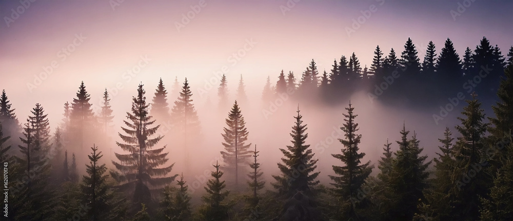 Obraz premium Misty pine forest at dawn, layers of trees fading into the fog, pastel pink sky glow, wide soft focus
