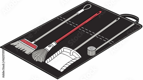 Cleaning tools set isolated on white background featuring a broom, dustpan, and other essential implements for maintaining a tidy and hygienic home environment