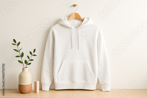 Mockup realista de um moletom branco pendurado em um cabide de madeira, visto de frente, sobre uma parede branca.  estilo fotografia de produto clean e sofisticada
