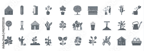 Collection of Garden and Landscape Design Icons Representing Different Aspects of Horticulture and Home Gardening Projects