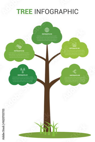 Green Tree Infographic Template with Four Branches for Business Growth and Process Steps