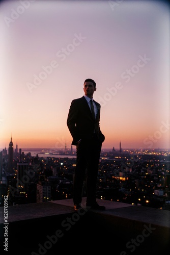 A modern and sleek silhouette of a businessman gazing over a bustling cityscape. A powerful representation of ambition, leadership, and progress.