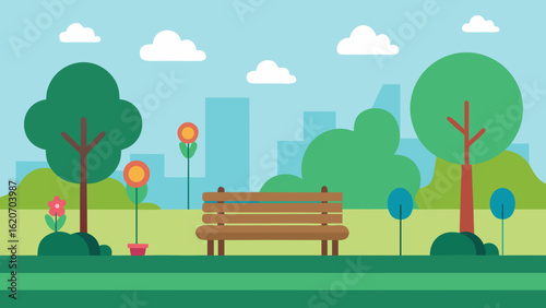 Minimal City Park Vector with Benches and Trees