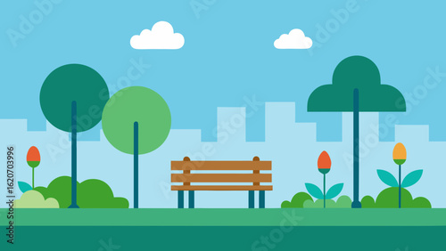 Minimal City Park Vector with Benches and Trees