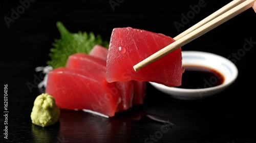 Fresh Tuna Sashimi Slices Picked Up With Chopsticks Near Wasabi and Soy Sauce on Black Background, tuna sashimi, raw fish, japanese food, asian cuisine, seafood, gourmet, delicious, fresh, healthy, pr