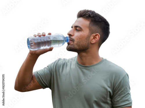 Man Drinking Water from Plastic Bottle Outdoors
