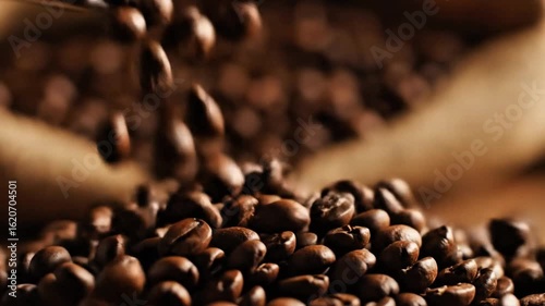 Freshly Roasted Coffee Beans Pouring from a Sack in Slow Motion Macro Shot with Shallow Depth of Field and, coffee beans, pouring, slow motion, macro, roasted, coffee, beans, sack, burlap, coffee shop