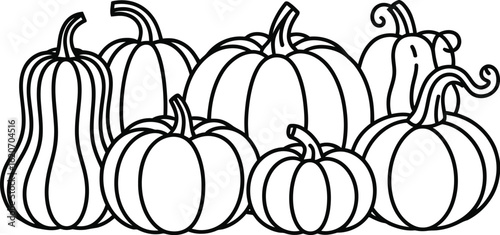 A simple black and white line drawing of a collection of pumpkins and gourds in various shapes and sizes for autumn themes.