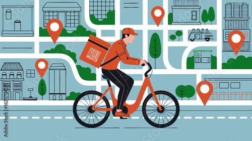 Delivery courier on bicycle navigating city map with location pins for fast service