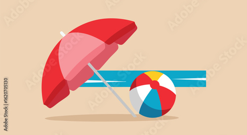 Flat Design Illustration Set Beach Umbrella and Ball Summer Scene