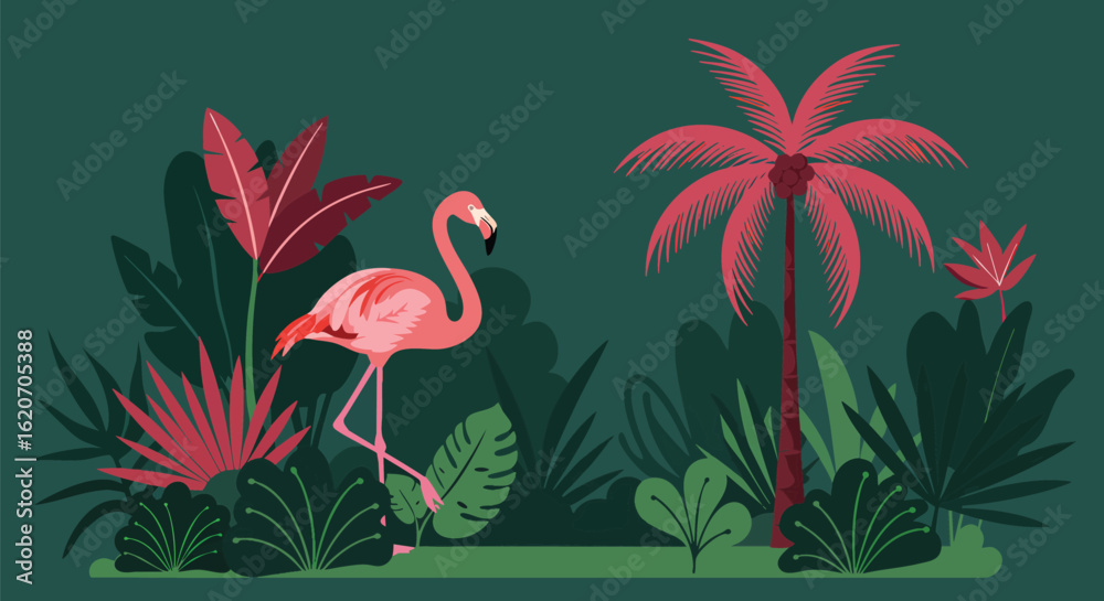 Naklejka premium Summer Tropical Flamingo Flat Design Illustration Set