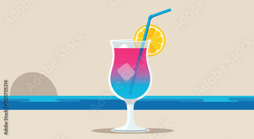 Summer Cocktail Drink Flat Design Illustration Set on Beach
