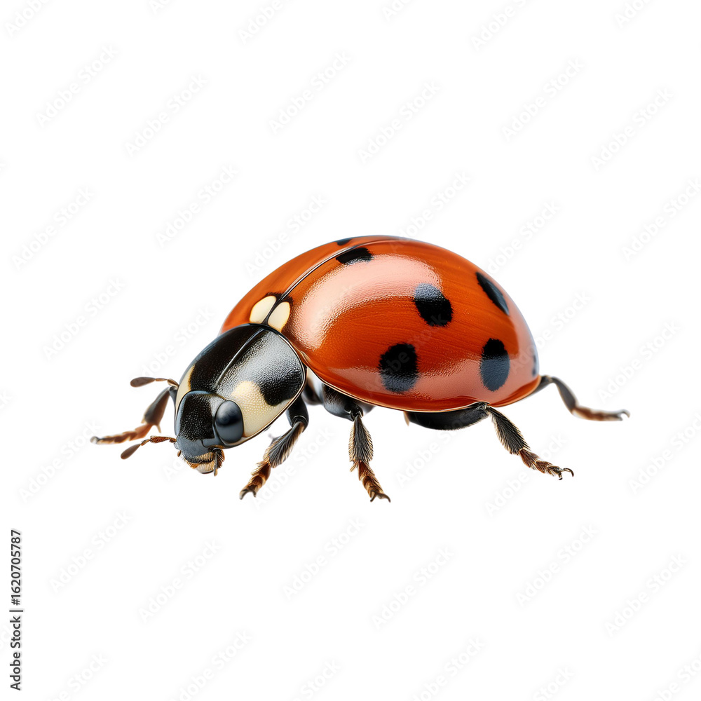 Red ladybug with black spots crawling on black background Red ladybug with black spots crawling on black background